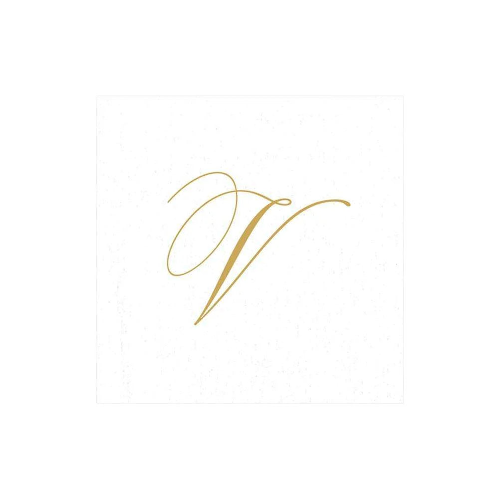 White Pearl & Gold Paper Linen Single Initial Cocktail Napkins