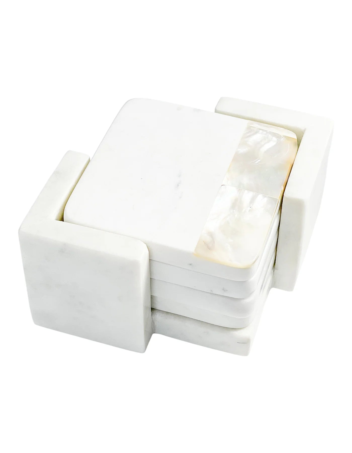 Coasters with Holder White Mother of Pearl White Marble