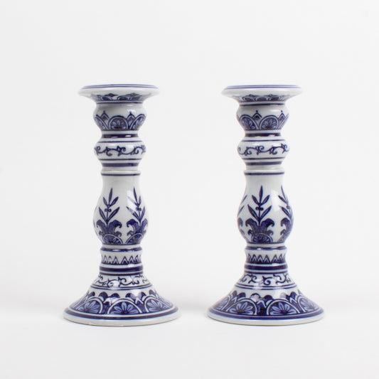 Small Candlestick Pair Blue Chinoiserie