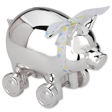 Silver Plated Piggy with Wheels Bank